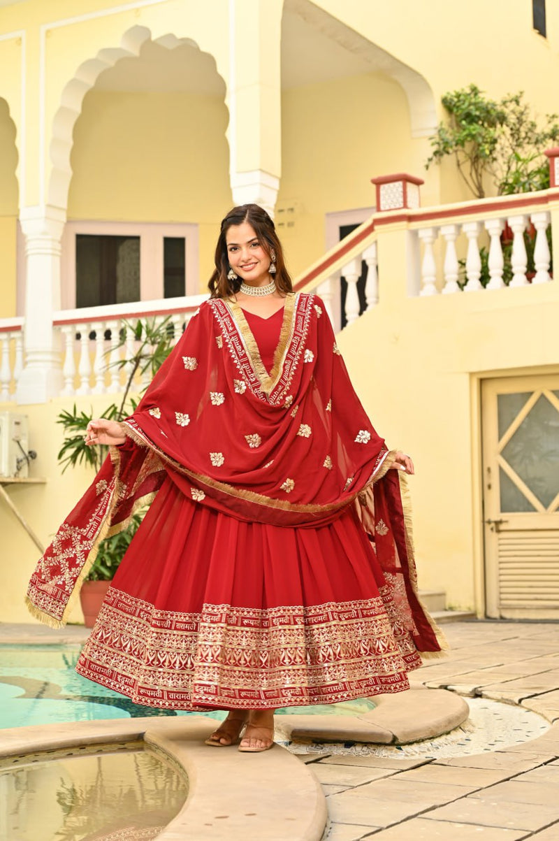Womenline Red Color Faux Blooming with Embroidery Zari Sequins-work