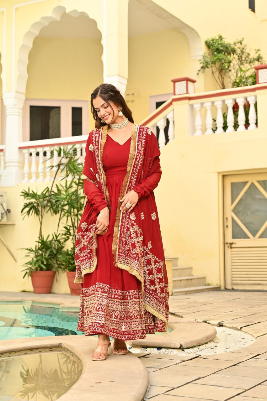 Womenline Red Color Faux Blooming with Embroidery Zari Sequins-work