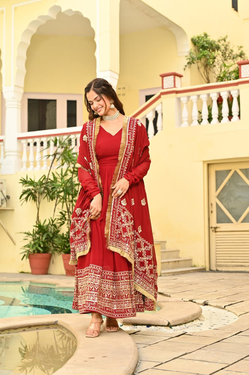 Womenline Red Color Faux Blooming with Embroidery Zari Sequins-work