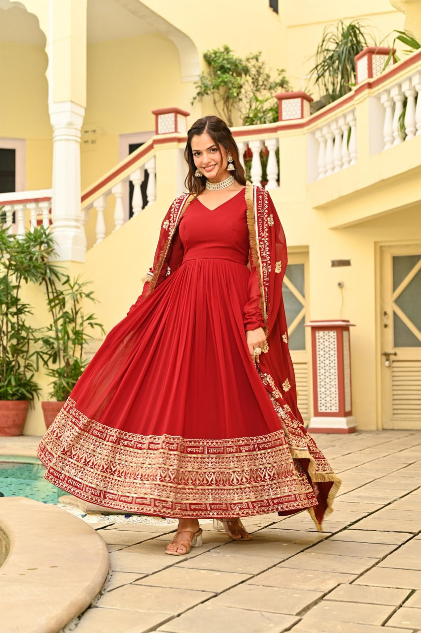 Womenline Red Color Faux Blooming with Embroidery Zari Sequins-work