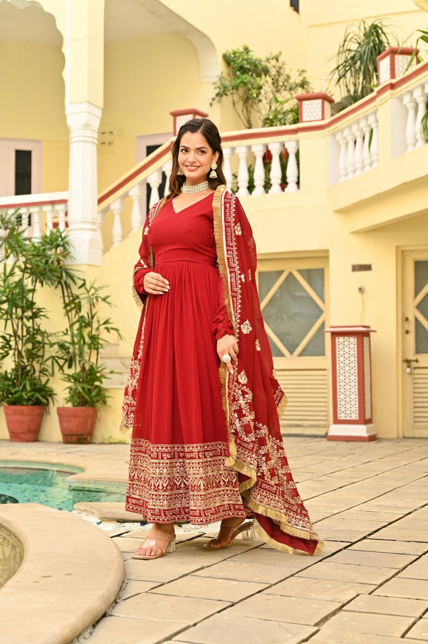 Womenline Red Color Faux Blooming with Embroidery Zari Sequins-work
