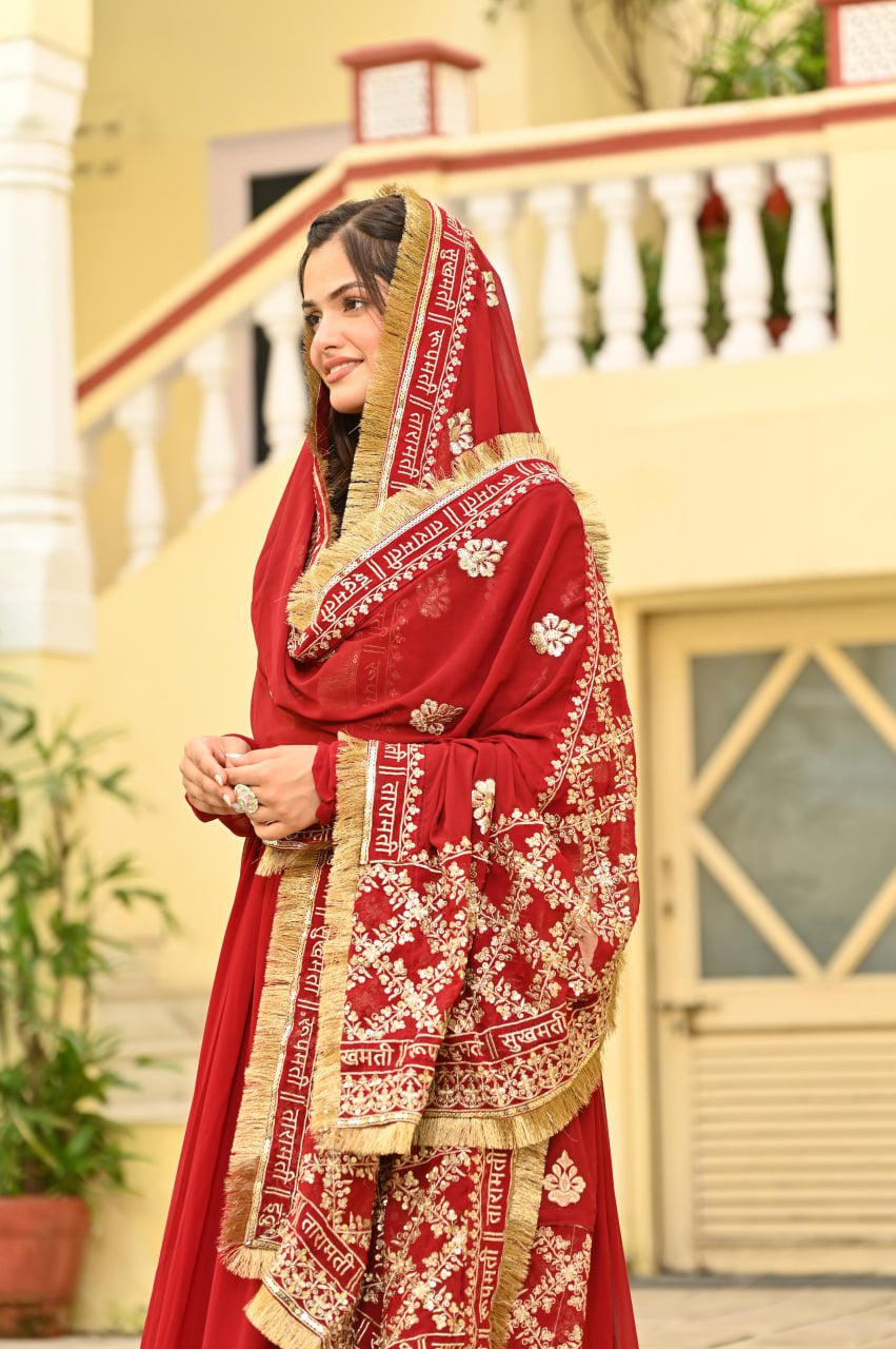 Womenline Red Color Faux Blooming with Embroidery Zari Sequins-work