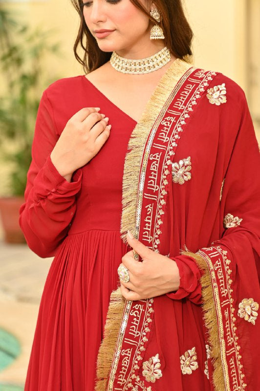 Womenline Red Color Faux Blooming with Embroidery Zari Sequins-work