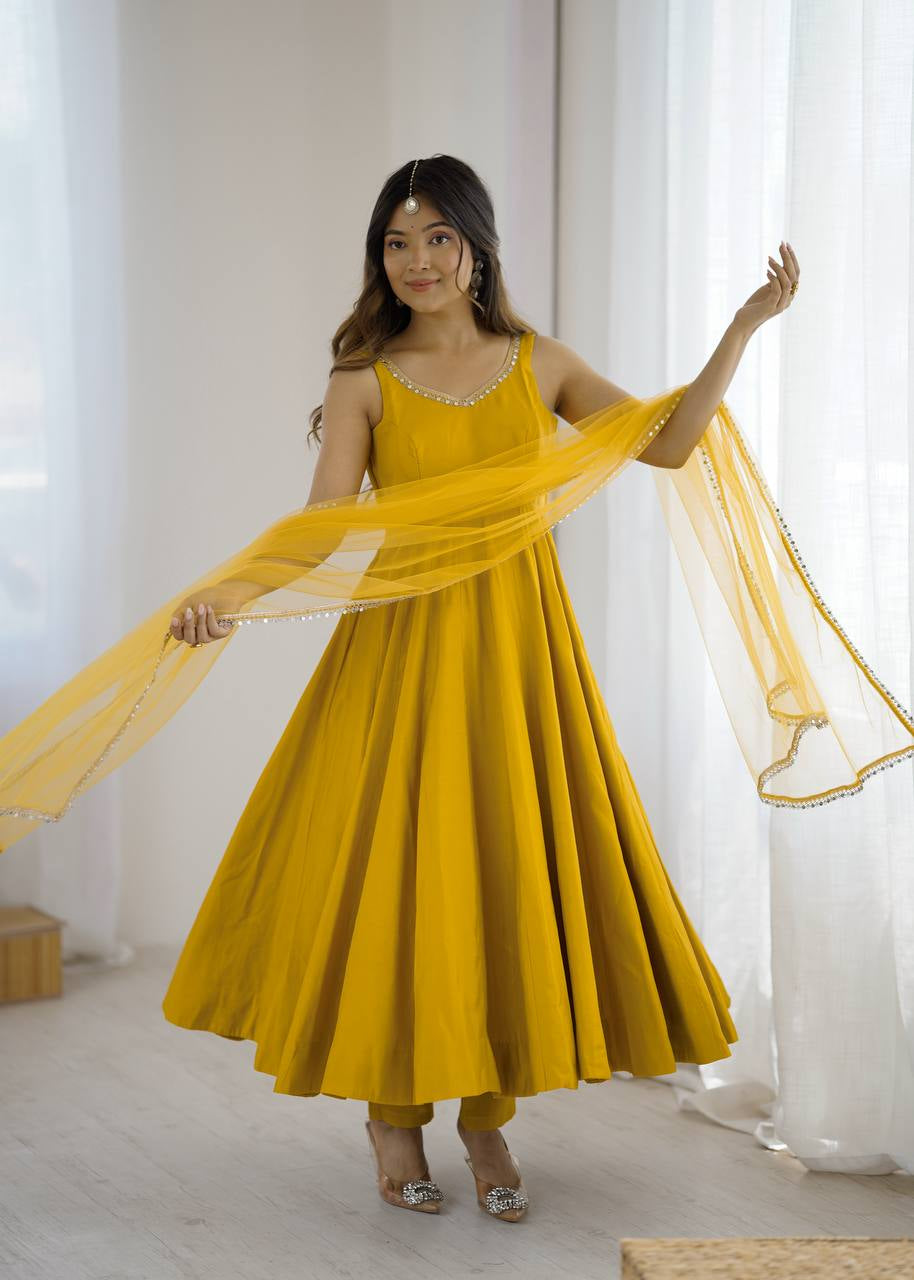 Womenline Yellow Color Chanderi Pure Roman Silk Anarkali Suit