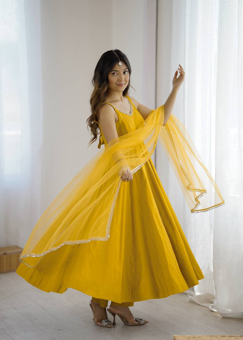 Womenline Yellow Color Chanderi Pure Roman Silk Anarkali Suit