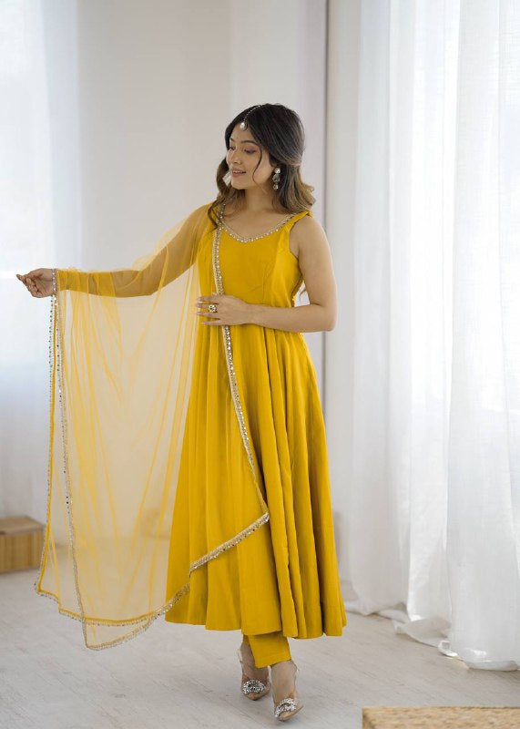 Womenline Yellow Color Chanderi Pure Roman Silk Anarkali Suit