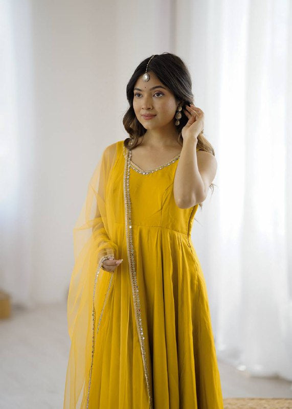 Womenline Yellow Color Chanderi Pure Roman Silk Anarkali Suit