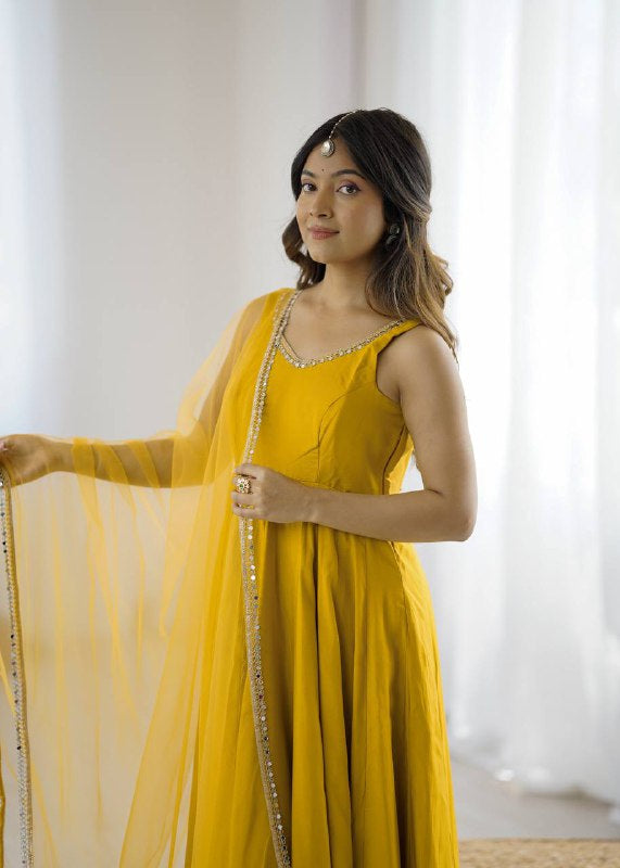 Womenline Yellow Color Chanderi Pure Roman Silk Anarkali Suit