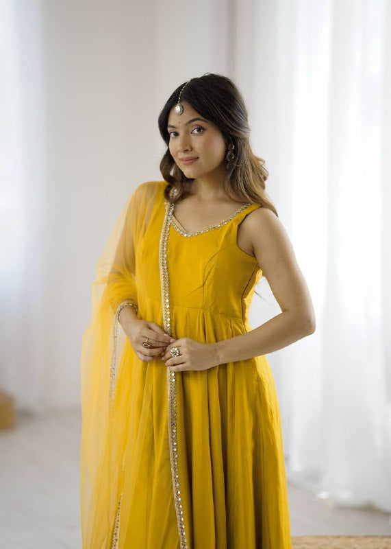 Womenline Yellow Color Chanderi Pure Roman Silk Anarkali Suit