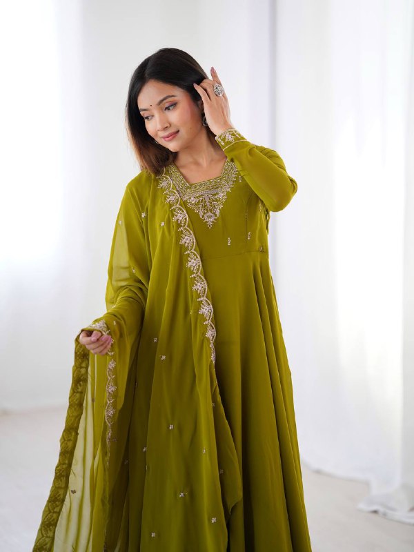 WomenLine Mehndi Green Color Georgette Embroidered Three Piece Anarkali Suit