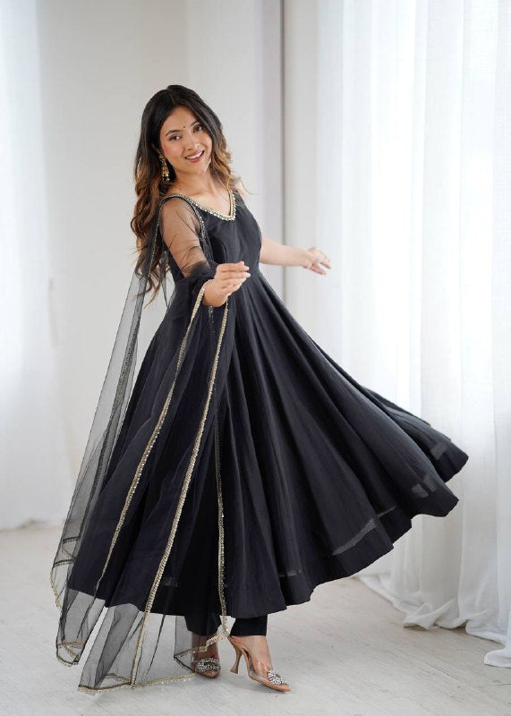 Womenline Black Color Chanderi Pure Roman Silk Anarkali Suit