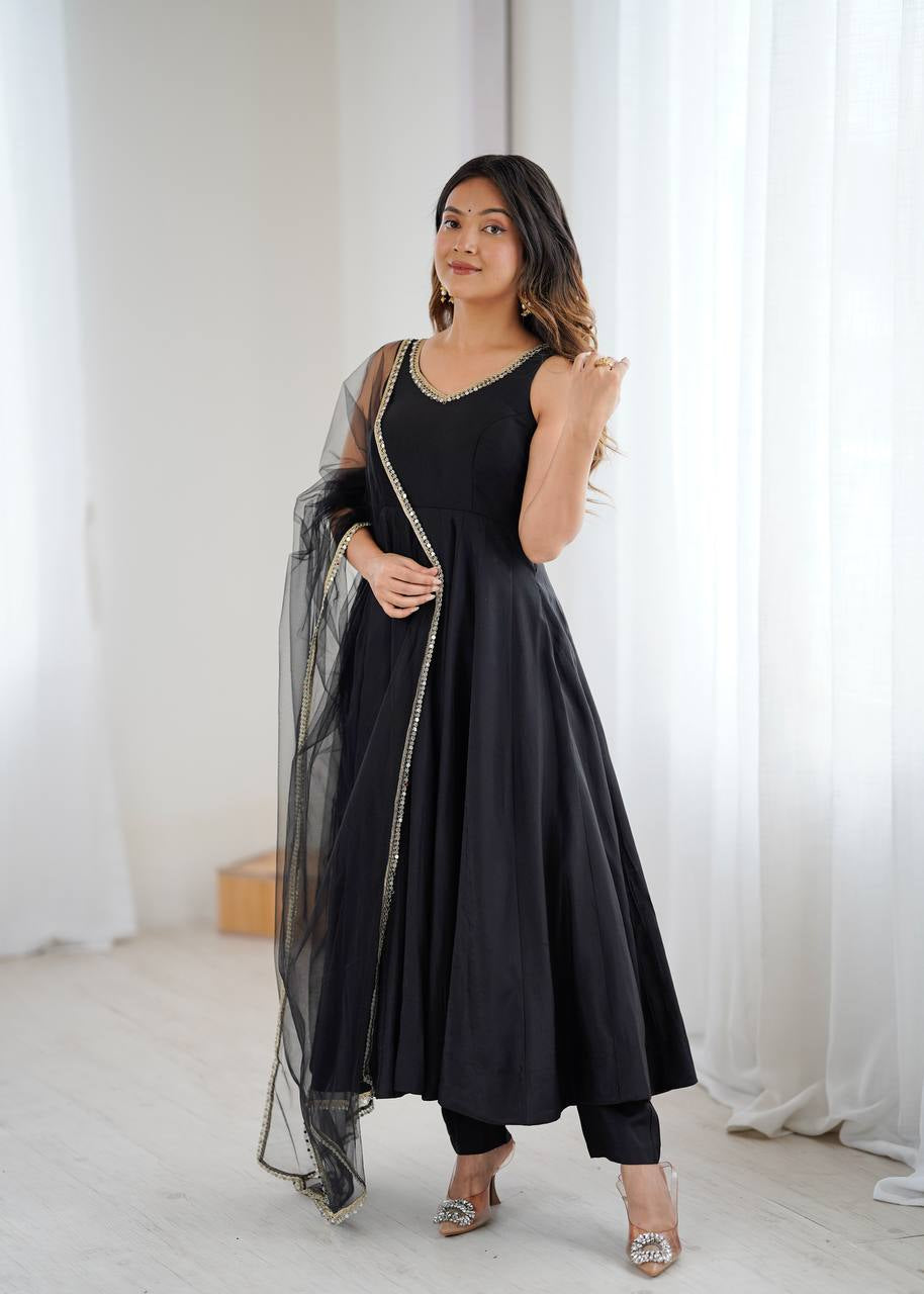 Womenline Black Color Chanderi Pure Roman Silk Anarkali Suit