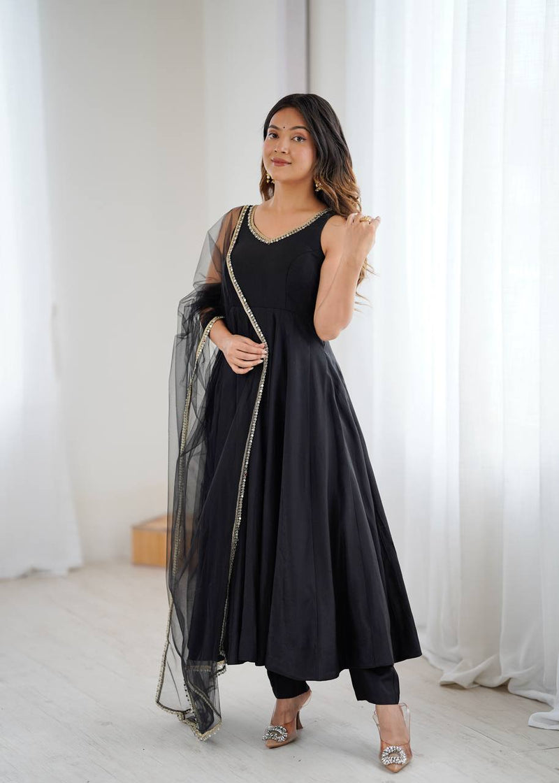 Womenline Black Color Chanderi Pure Roman Silk Anarkali Suit