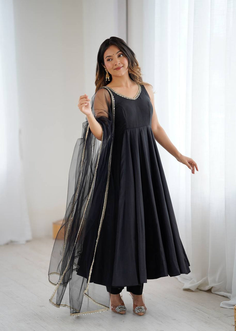 Womenline Black Color Chanderi Pure Roman Silk Anarkali Suit
