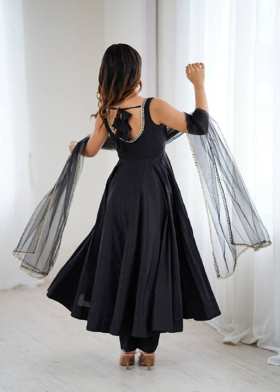 Womenline Black Color Chanderi Pure Roman Silk Anarkali Suit