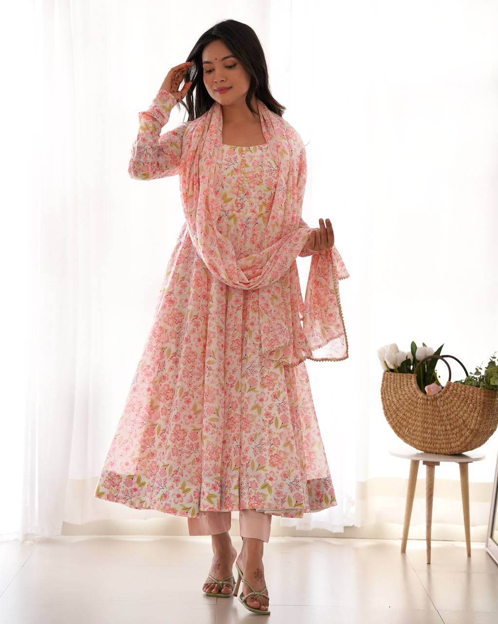 Womenline Multi Pink Color Chiffon Floral Print Three Piece Anarkali Suit