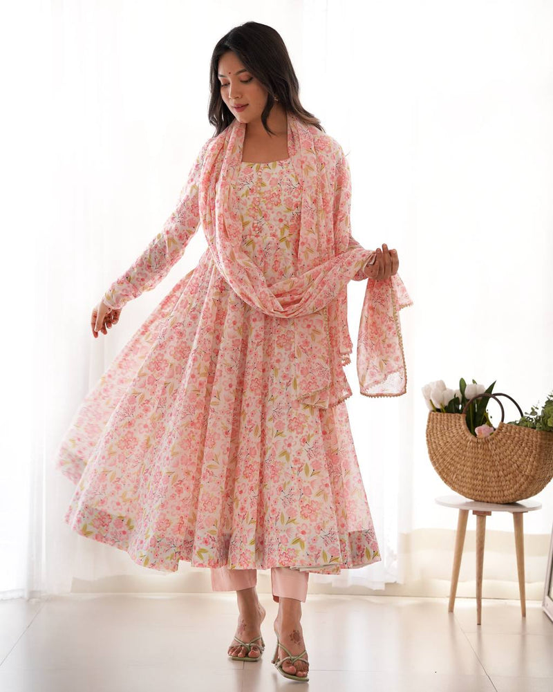 Womenline Multi Pink Color Chiffon Floral Print Three Piece Anarkali Suit