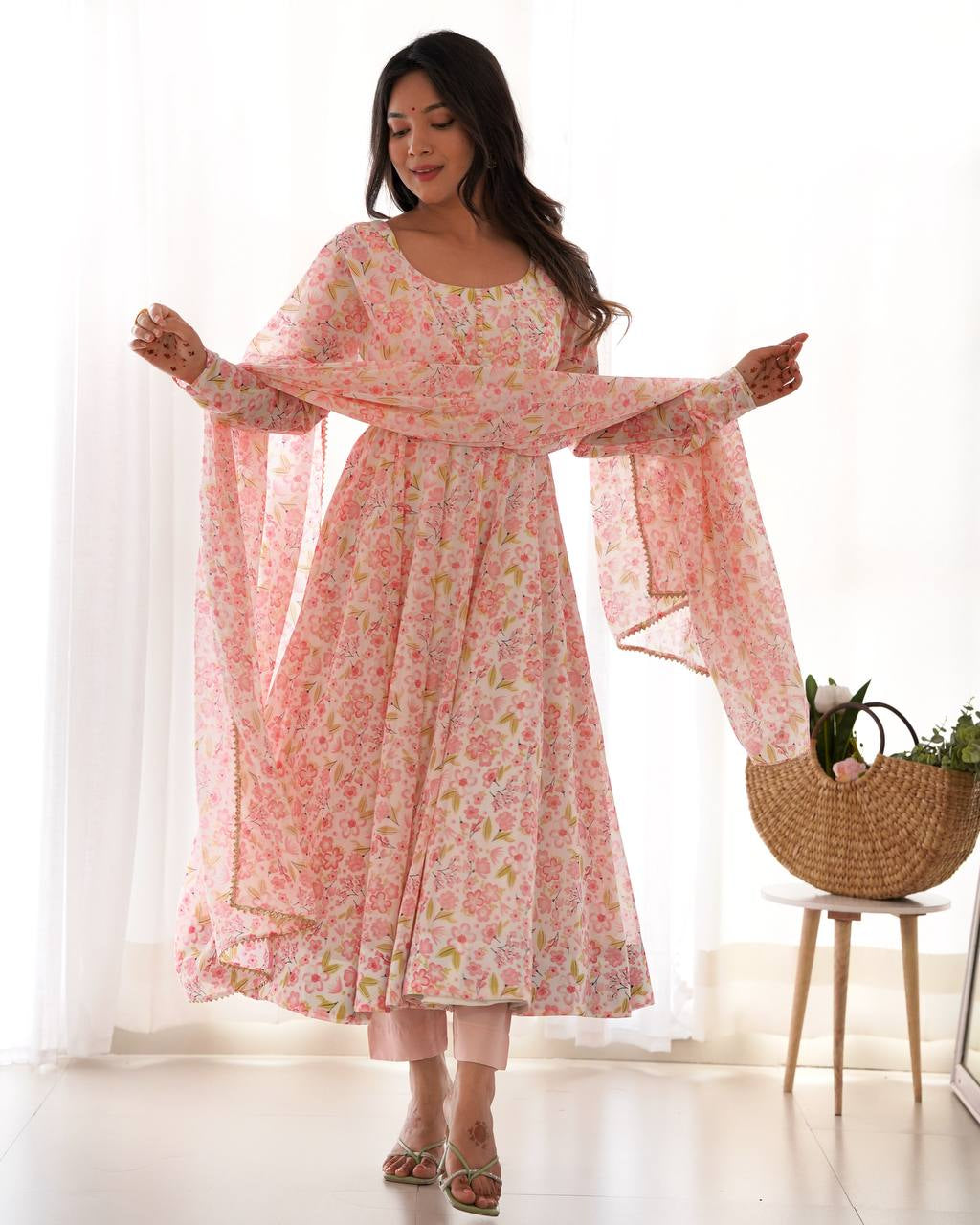 Womenline Multi Pink Color Chiffon Floral Print Three Piece Anarkali Suit