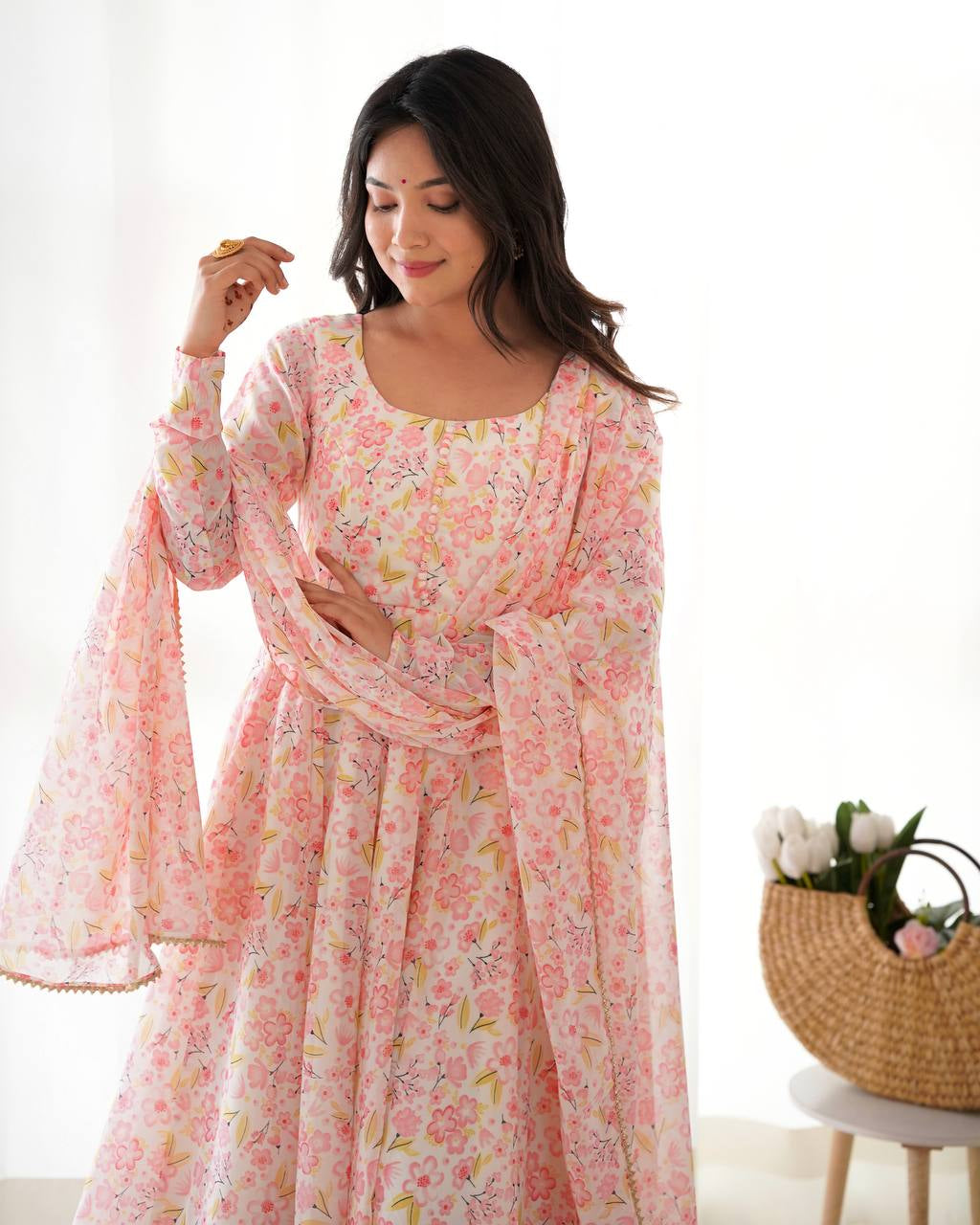 Womenline Multi Pink Color Chiffon Floral Print Three Piece Anarkali Suit