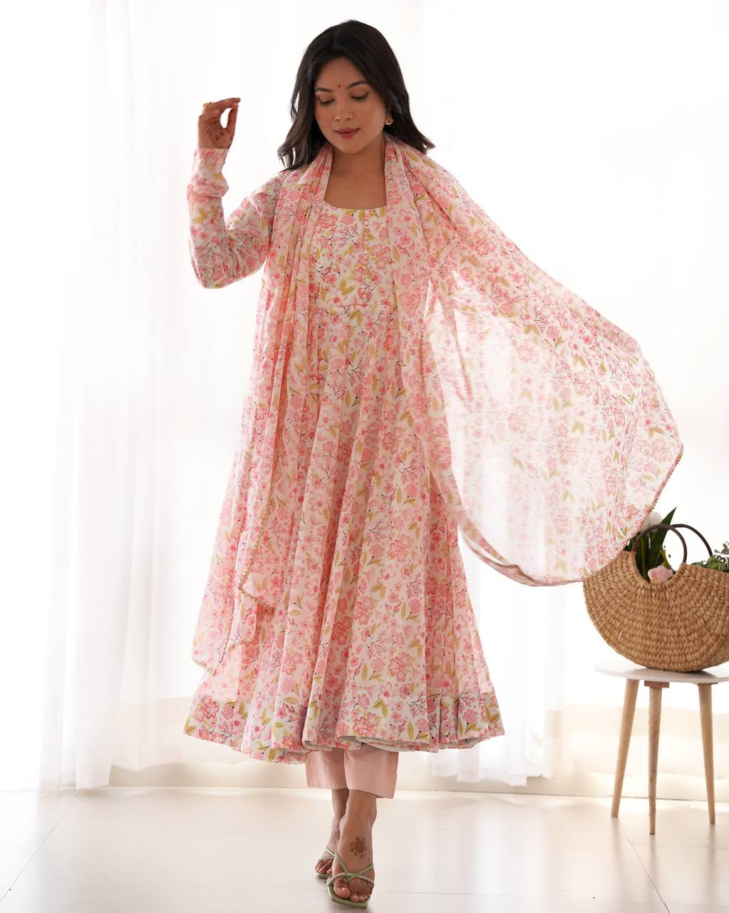 Womenline Multi Pink Color Chiffon Floral Print Three Piece Anarkali Suit