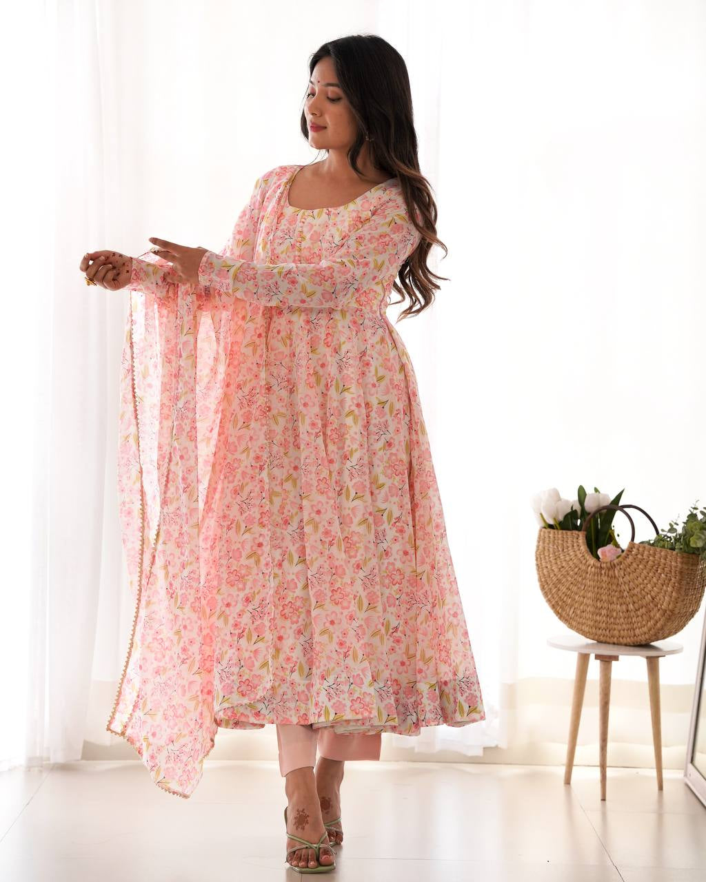 Womenline Multi Pink Color Chiffon Floral Print Three Piece Anarkali Suit