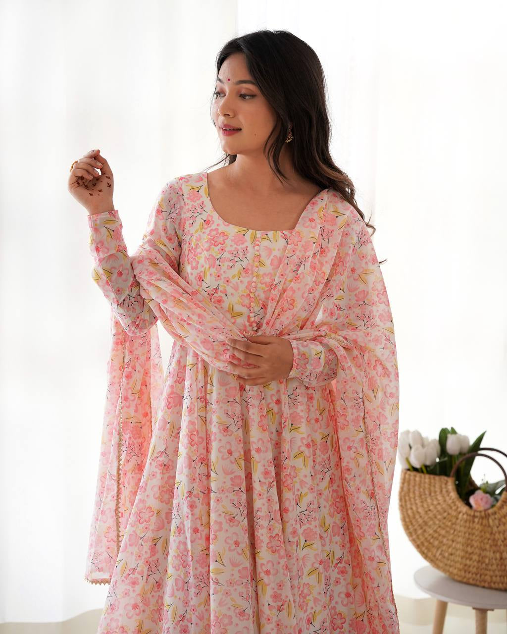 Womenline Multi Pink Color Chiffon Floral Print Three Piece Anarkali Suit