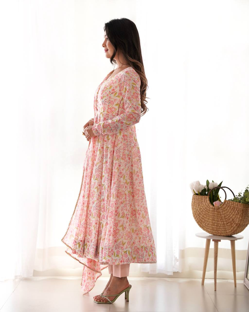 Womenline Multi Pink Color Chiffon Floral Print Three Piece Anarkali Suit