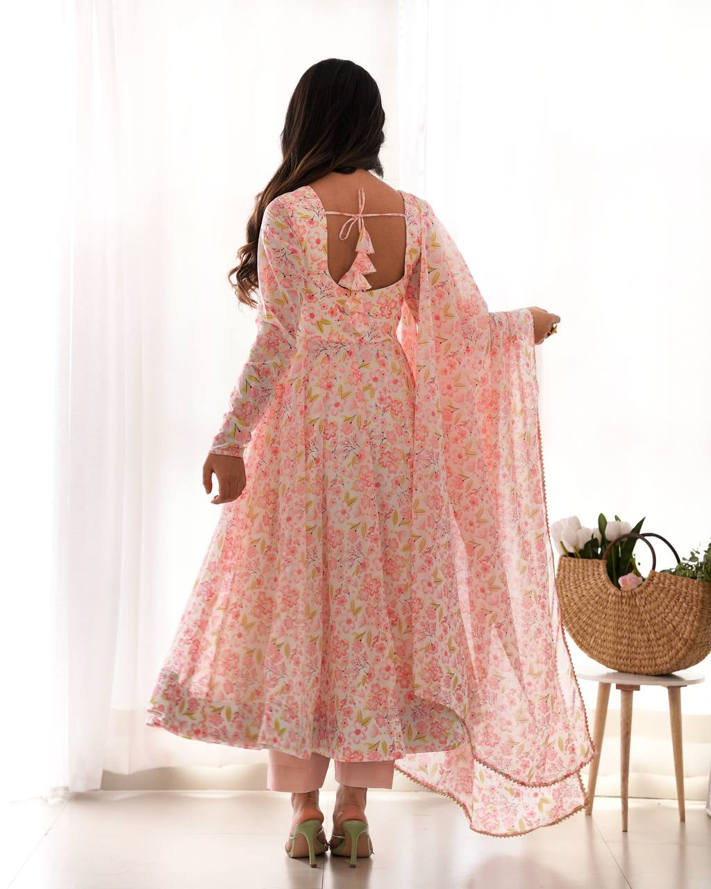 Womenline Multi Pink Color Chiffon Floral Print Three Piece Anarkali Suit