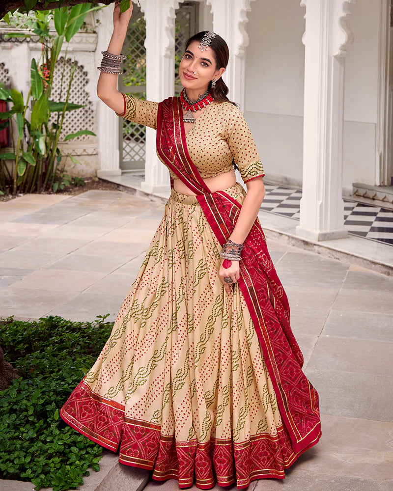 Womenline Elegant Off-White Color Tussar Silk Bandhej Navratri Lehenga Choli