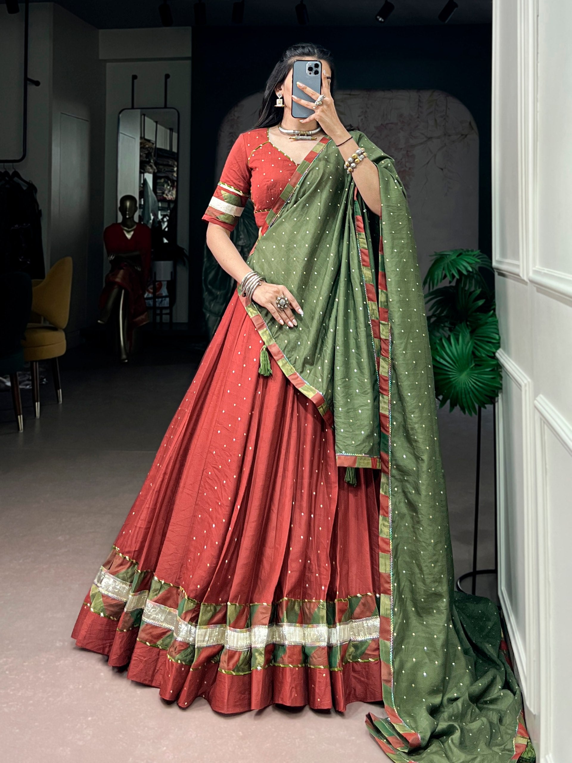 Womenline Rust Red & Olive Green Navratri Lehenga Choli with Dupatta