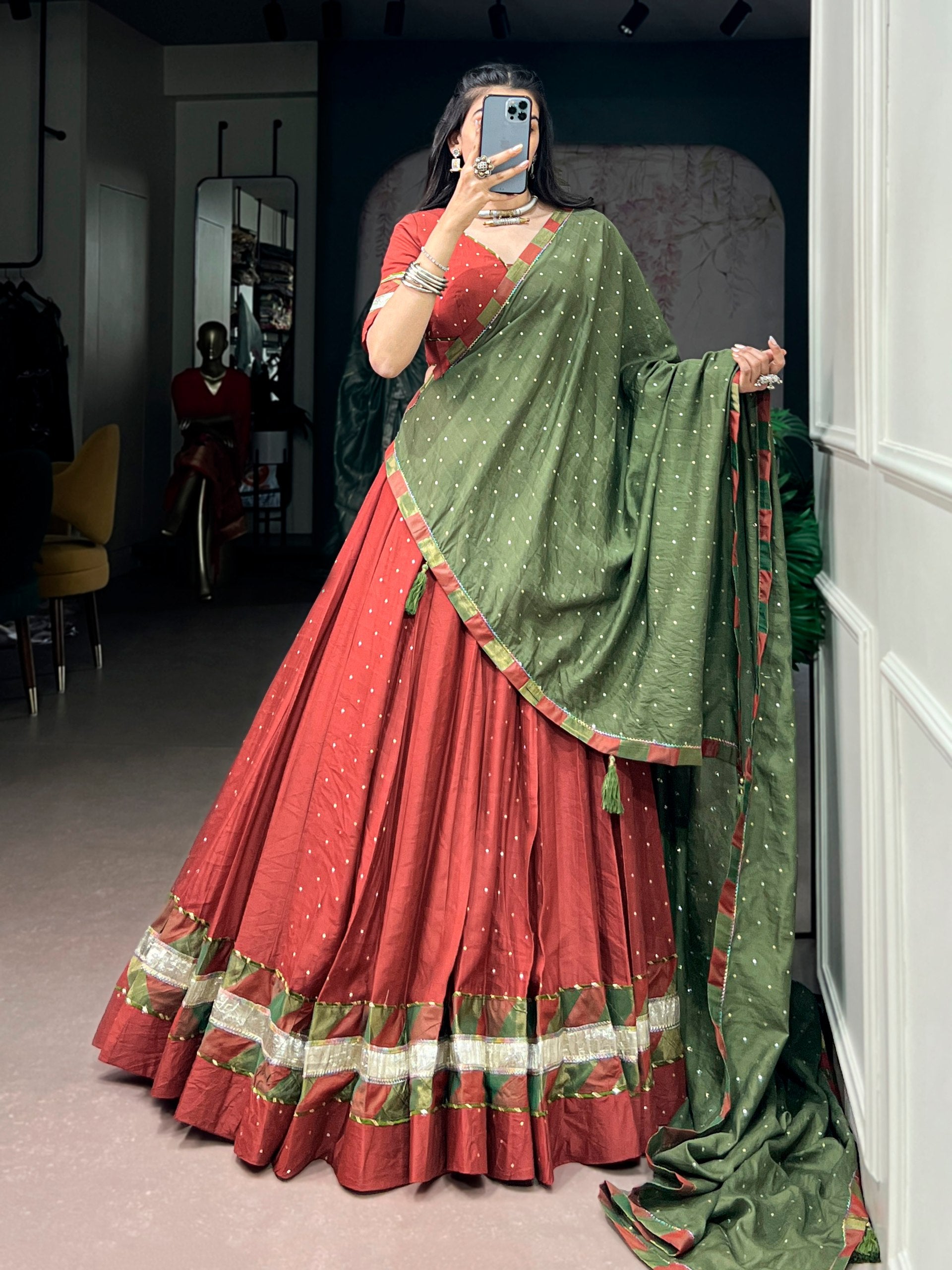 Womenline Rust Red & Olive Green Navratri Lehenga Choli with Dupatta