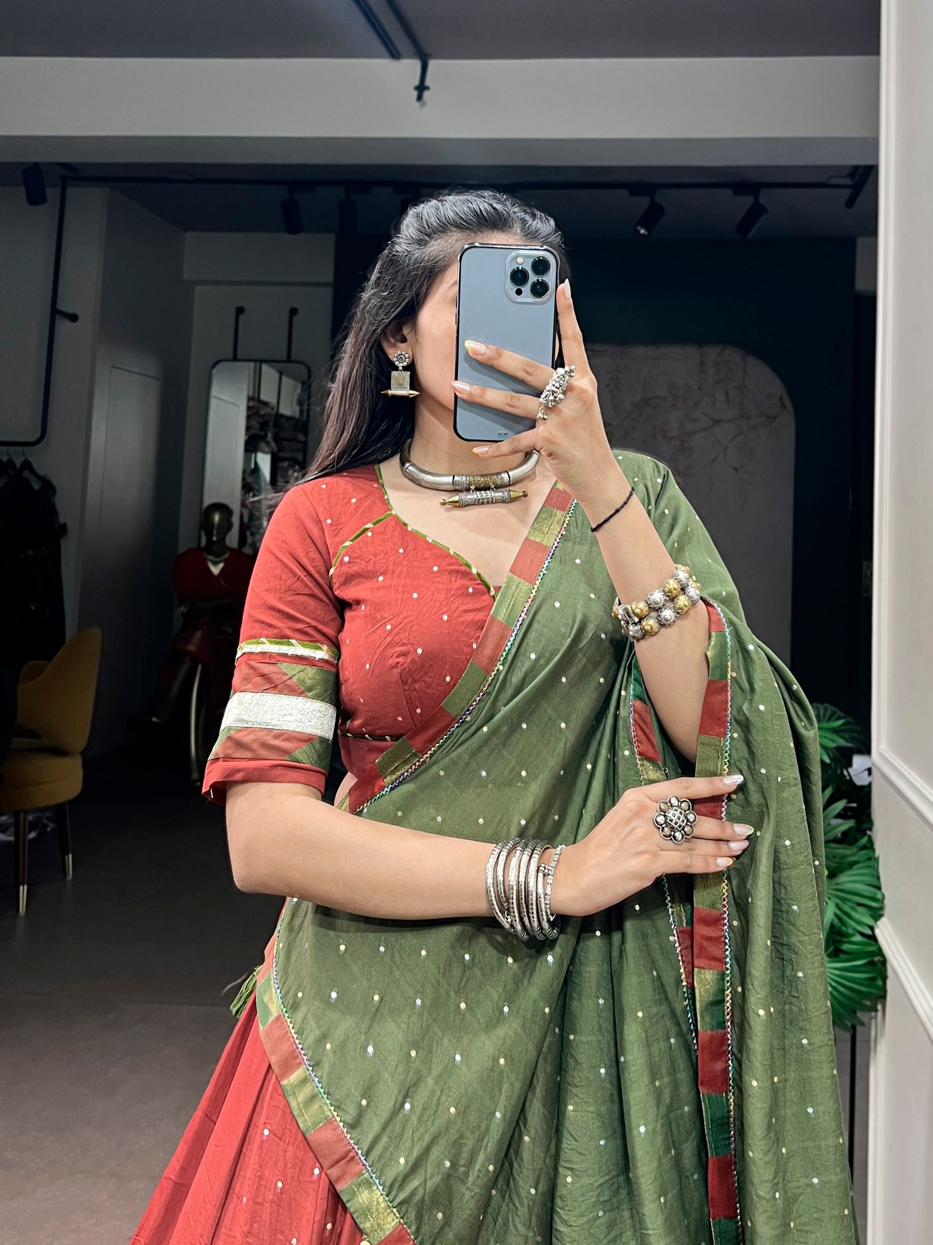 Womenline Rust Red & Olive Green Navratri Lehenga Choli with Dupatta