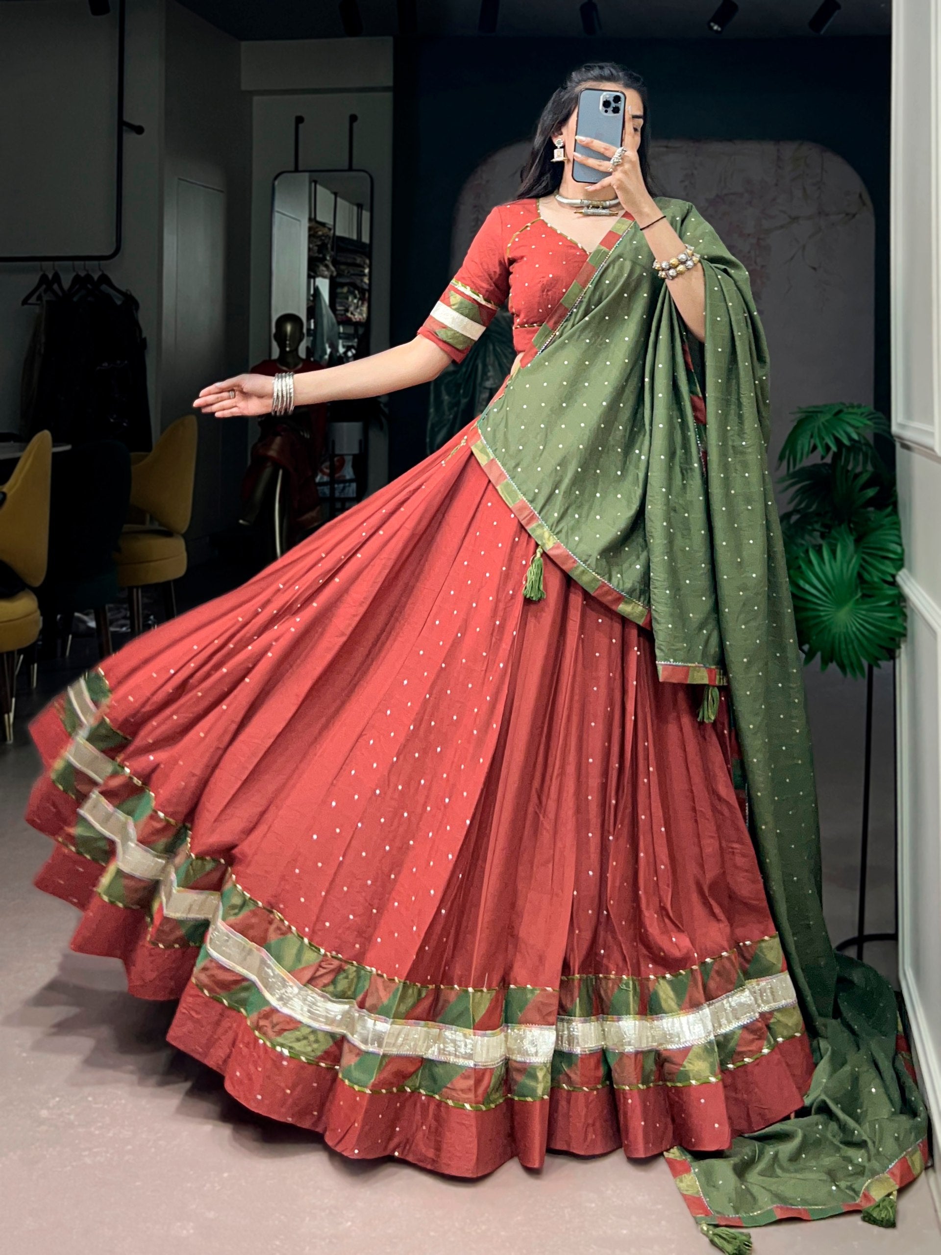 Womenline Rust Red & Olive Green Navratri Lehenga Choli with Dupatta