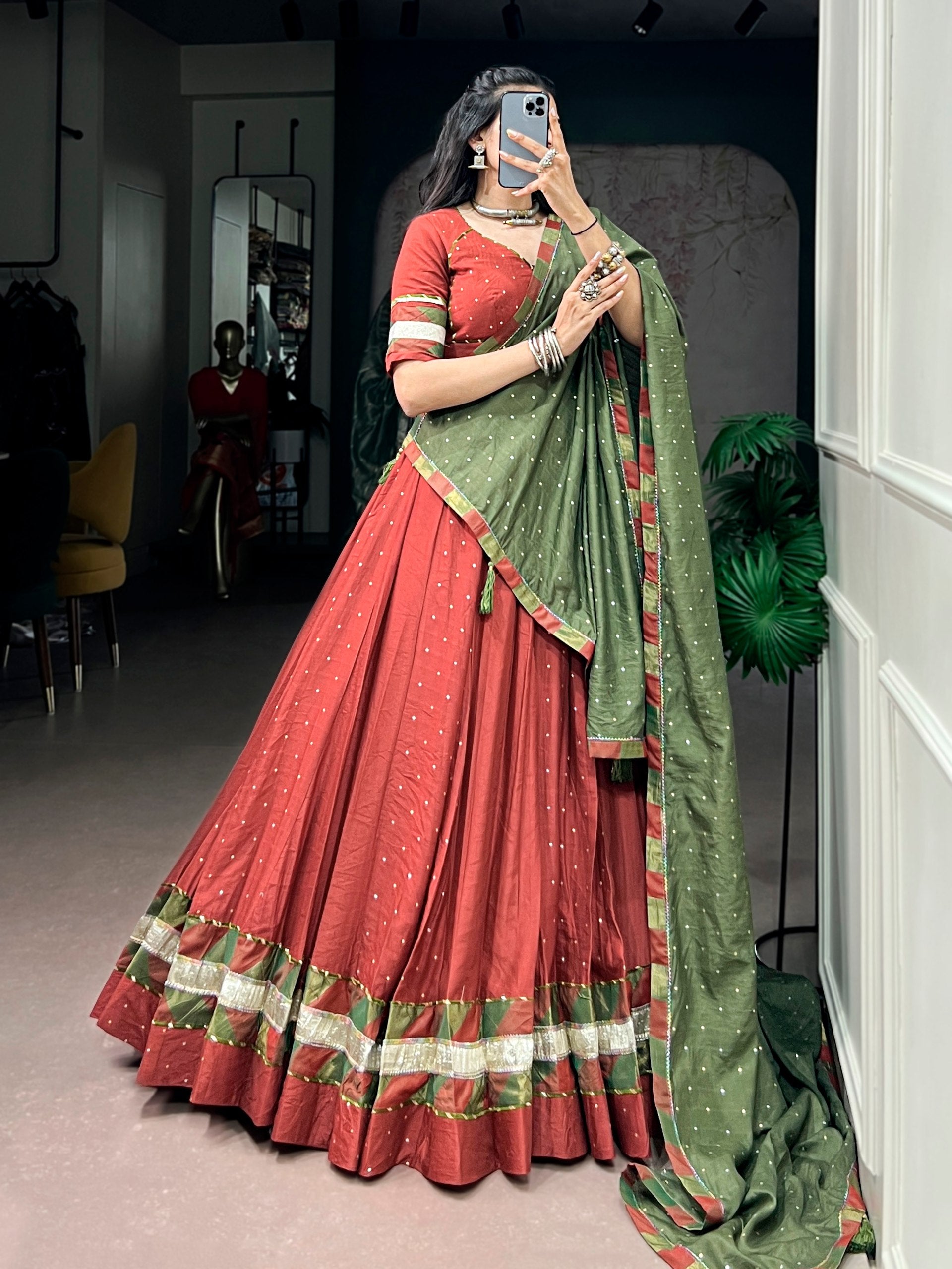 Womenline Rust Red & Olive Green Navratri Lehenga Choli with Dupatta