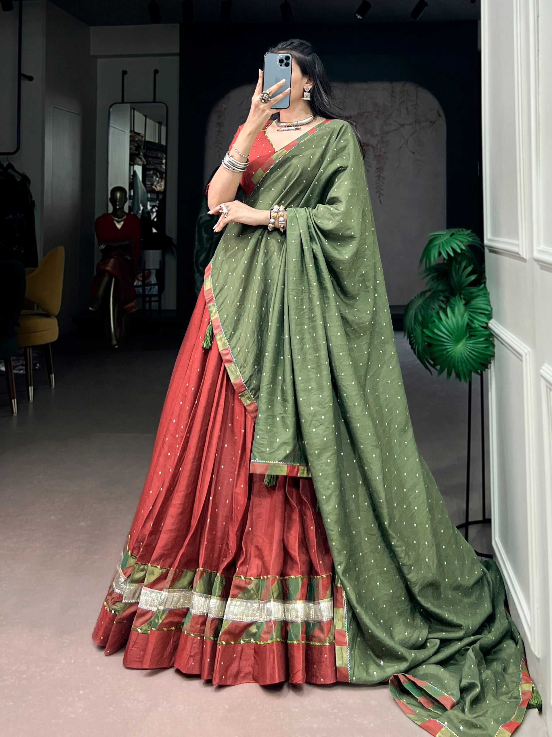 Womenline Rust Red & Olive Green Navratri Lehenga Choli with Dupatta