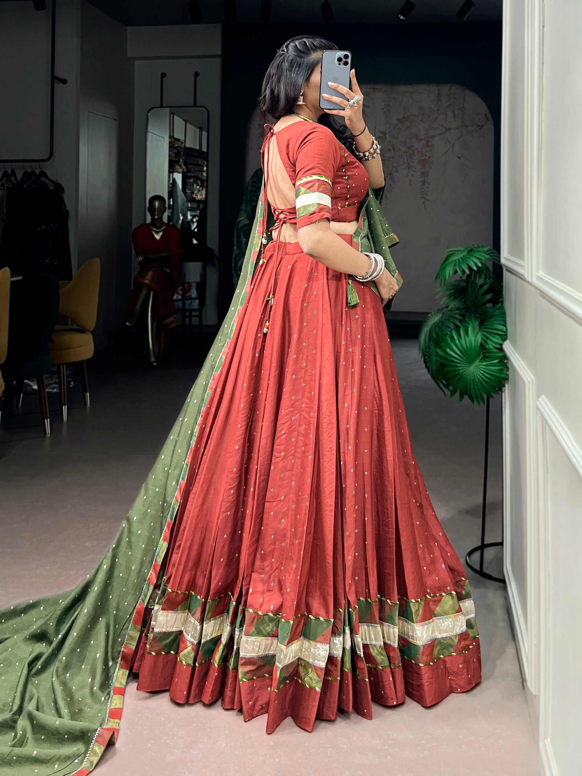 Womenline Rust Red & Olive Green Navratri Lehenga Choli with Dupatta