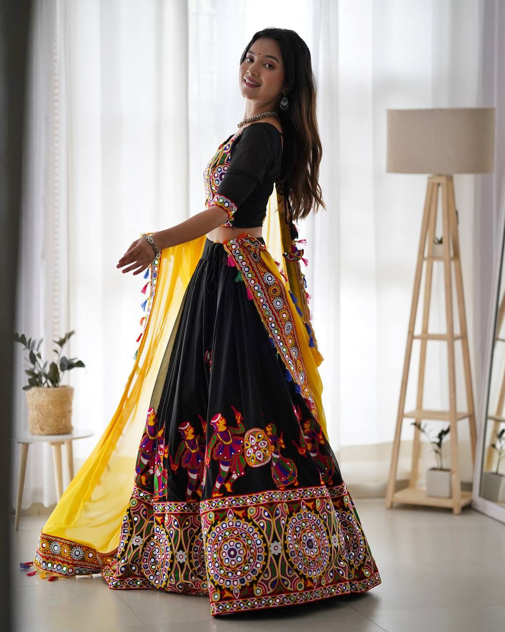 Womenline Black & Yellow Navratri Lehenga Choli with Dupatta