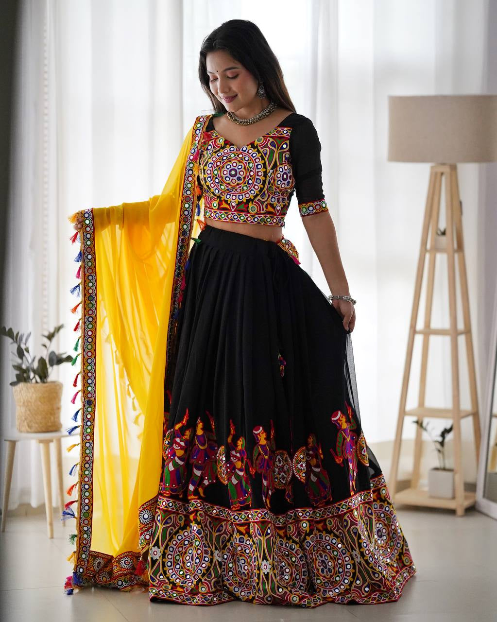 Womenline Black & Yellow Navratri Lehenga Choli with Dupatta