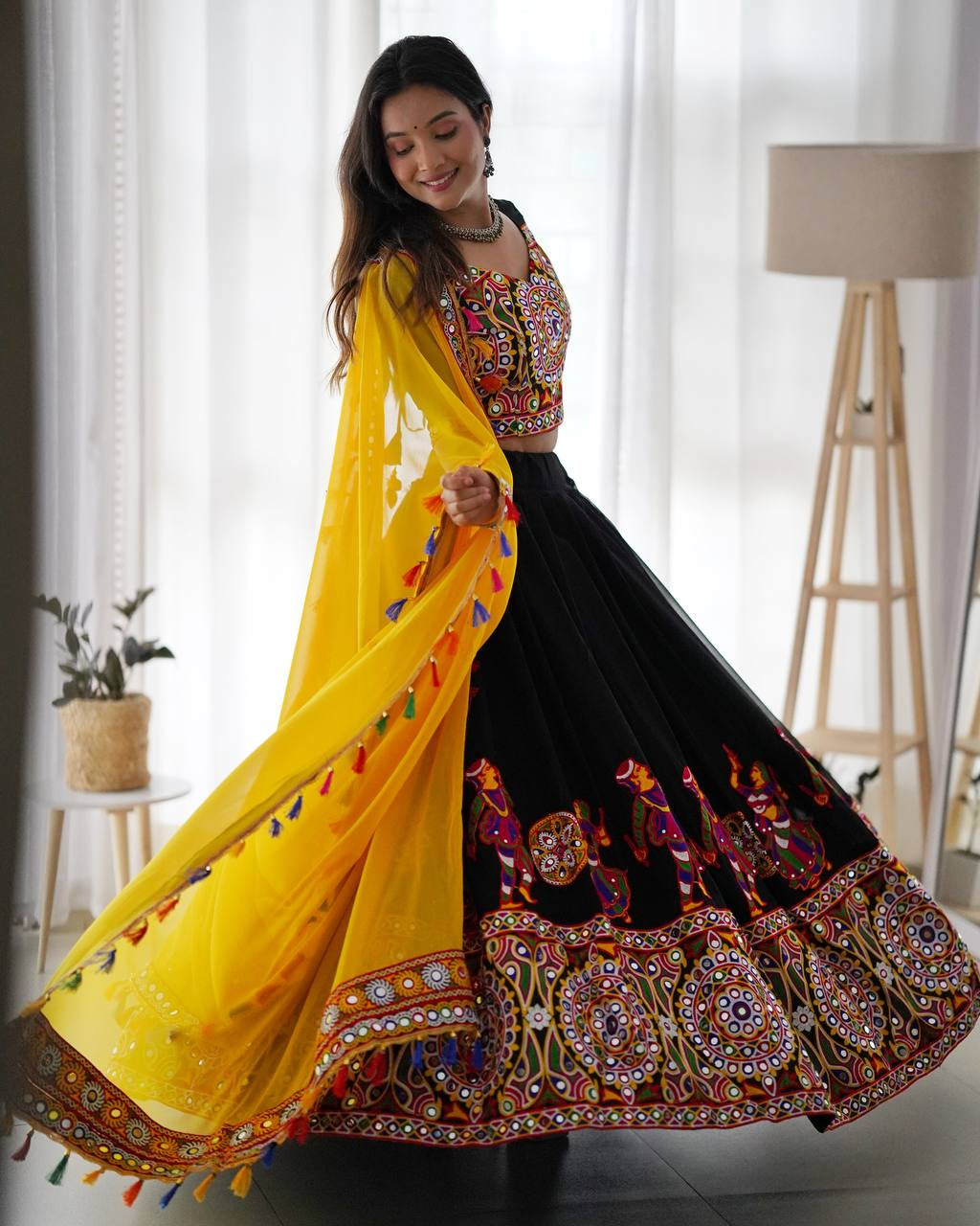Womenline Black & Yellow Navratri Lehenga Choli with Dupatta