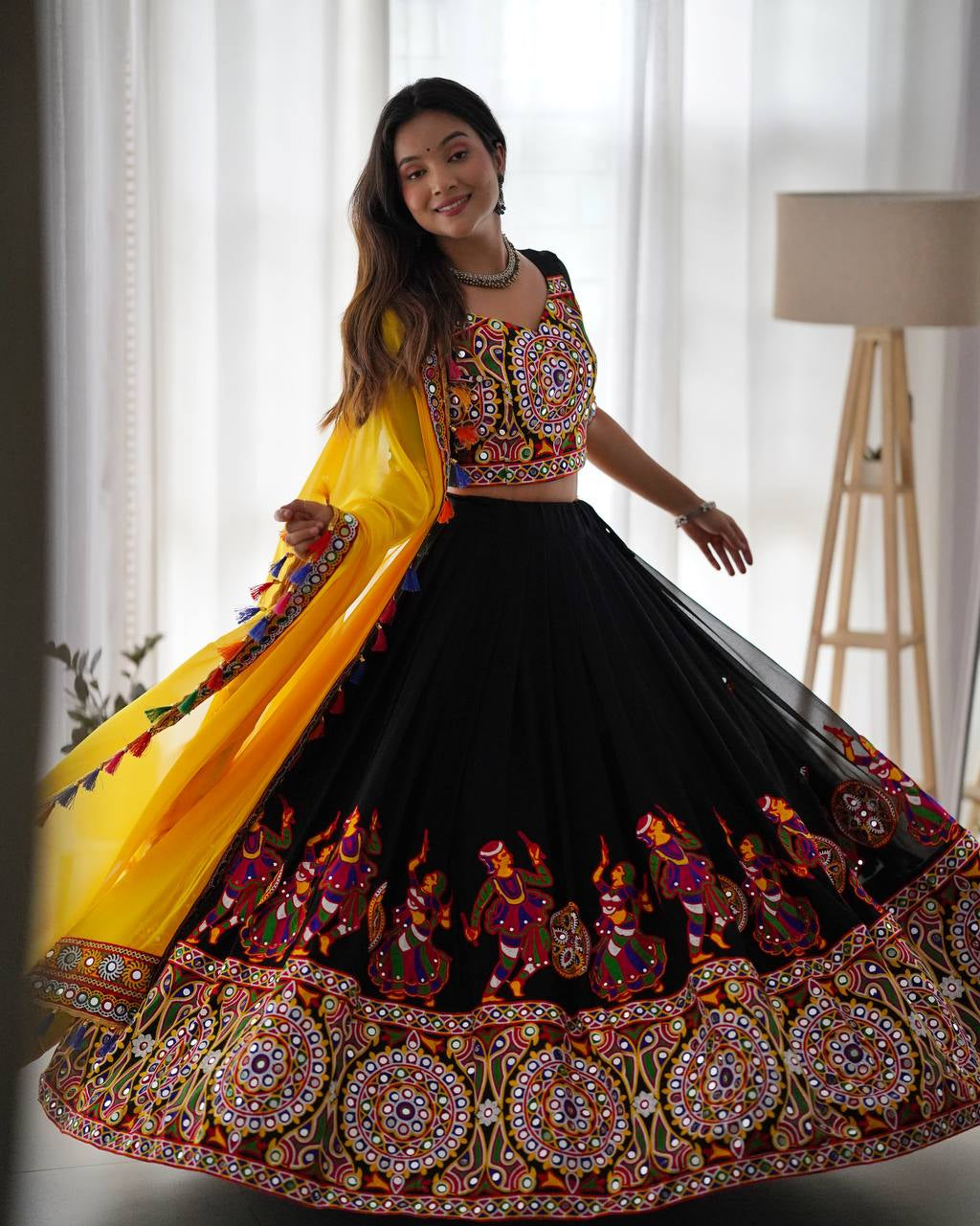 Womenline Black & Yellow Navratri Lehenga Choli with Dupatta