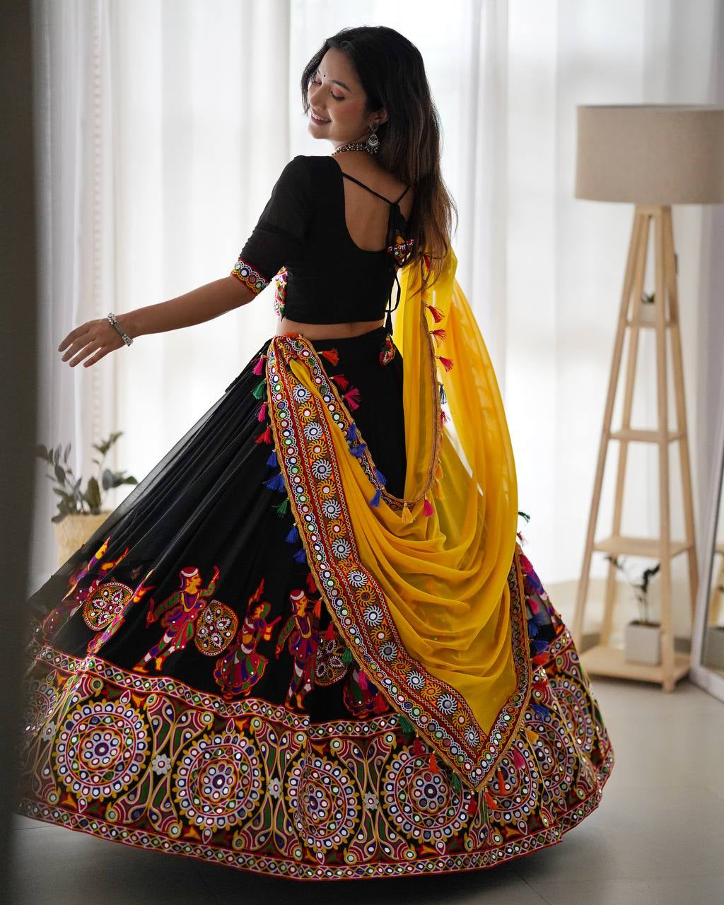Womenline Black & Yellow Navratri Lehenga Choli with Dupatta