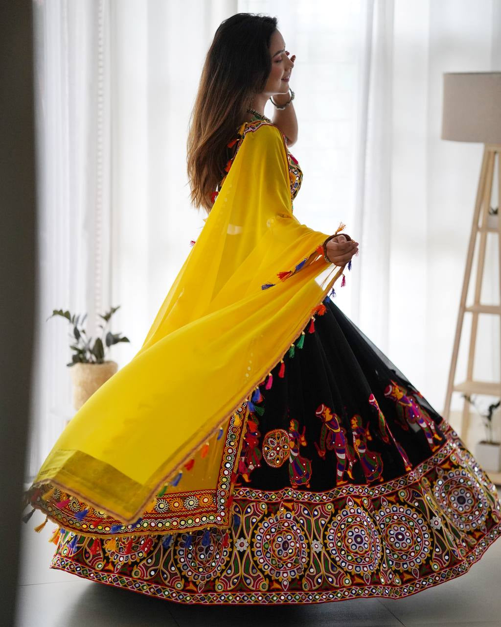 Womenline Black & Yellow Navratri Lehenga Choli with Dupatta