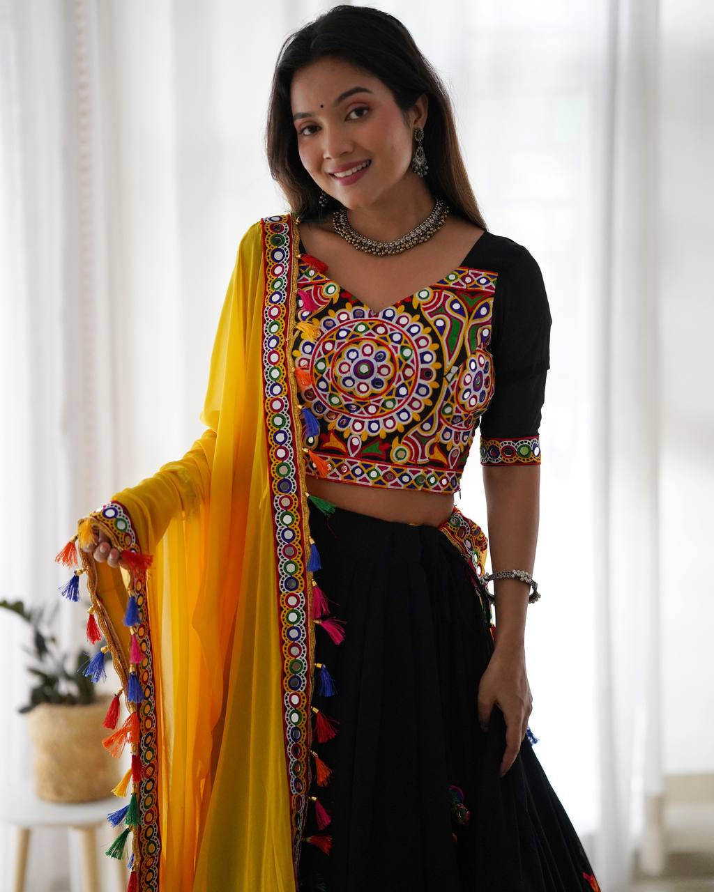 Womenline Black & Yellow Navratri Lehenga Choli with Dupatta