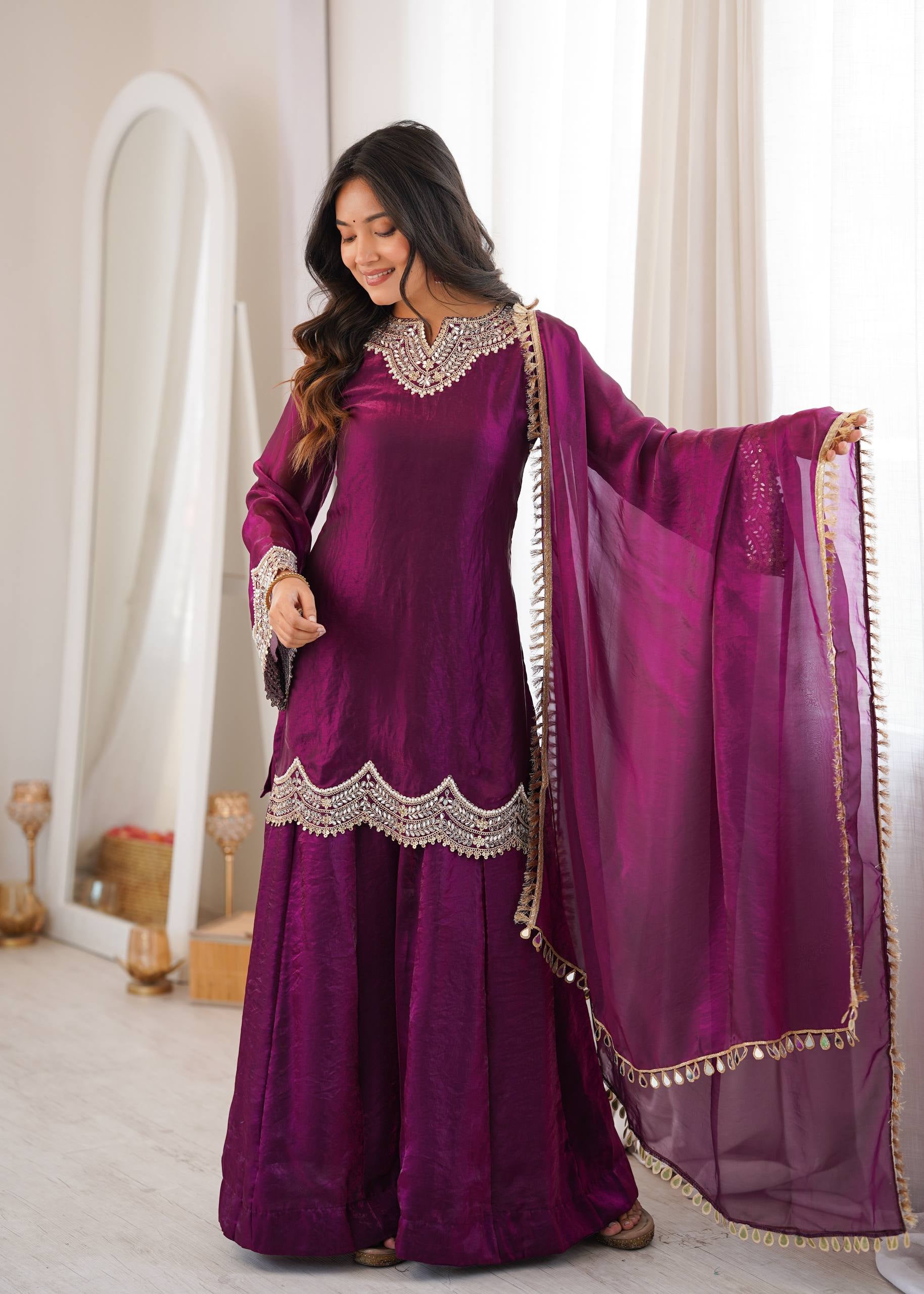 Womenline Wine Purple Embroidered Kurta Sharara Set with Organza Dupatta