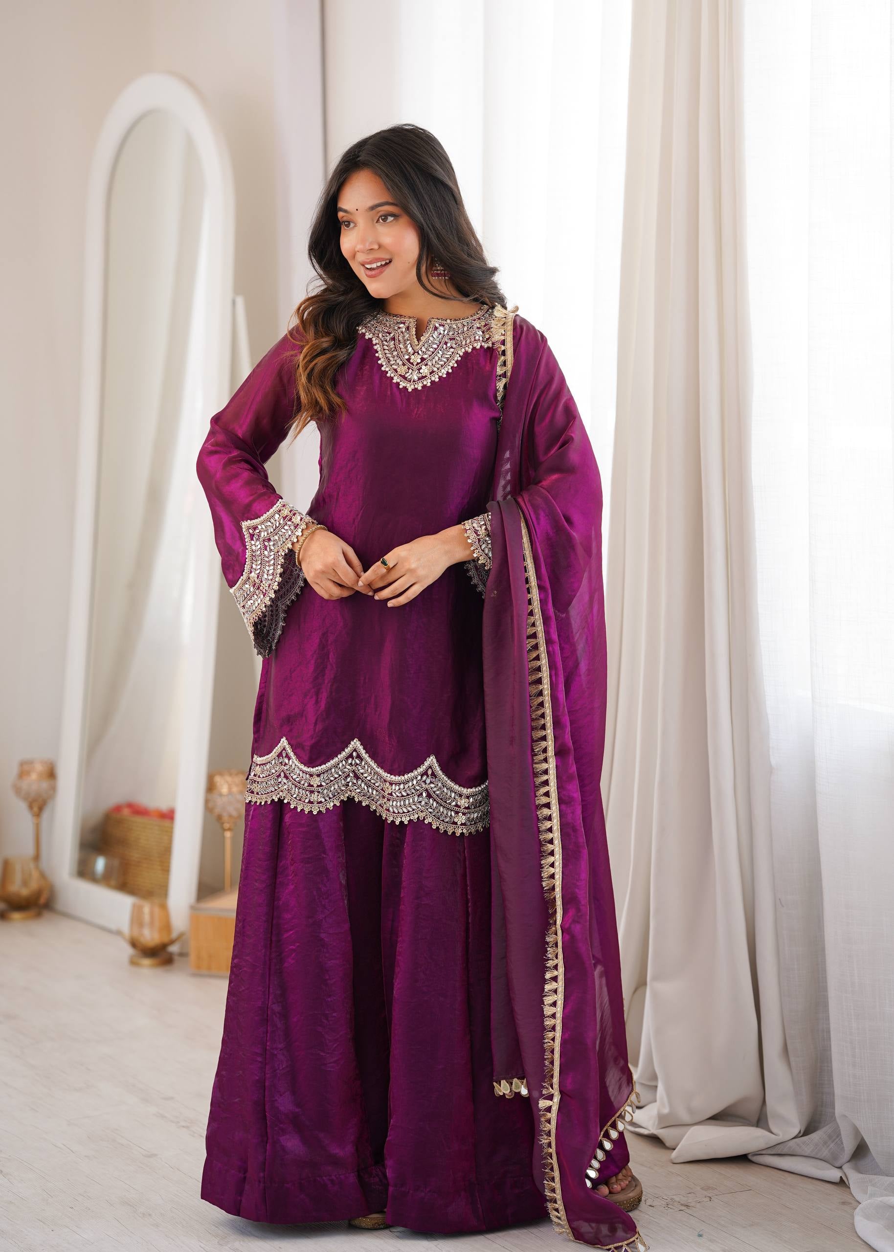 Womenline Wine Purple Embroidered Kurta Sharara Set with Organza Dupatta
