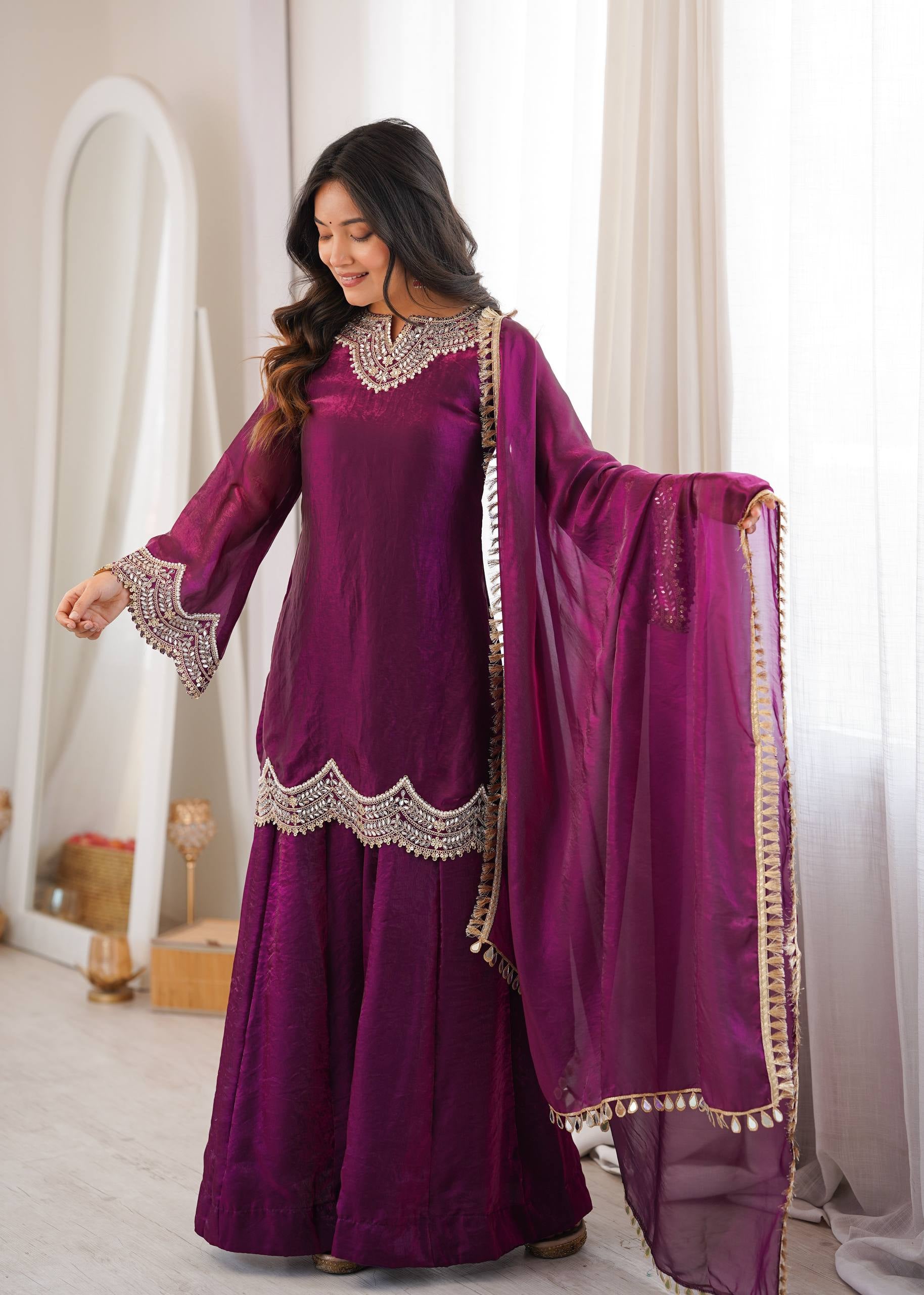 Womenline Wine Purple Embroidered Kurta Sharara Set with Organza Dupatta