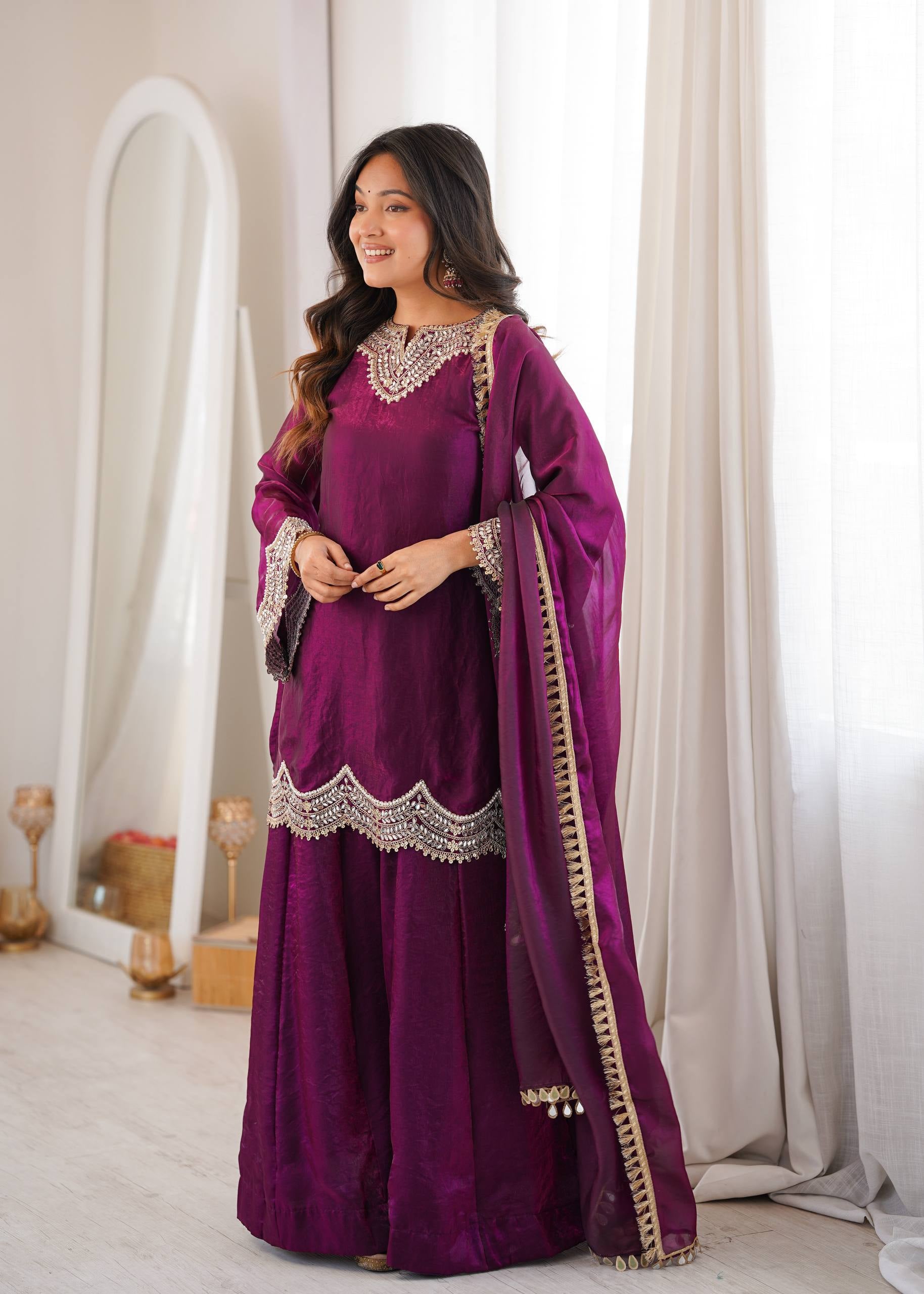 Womenline Wine Purple Embroidered Kurta Sharara Set with Organza Dupatta
