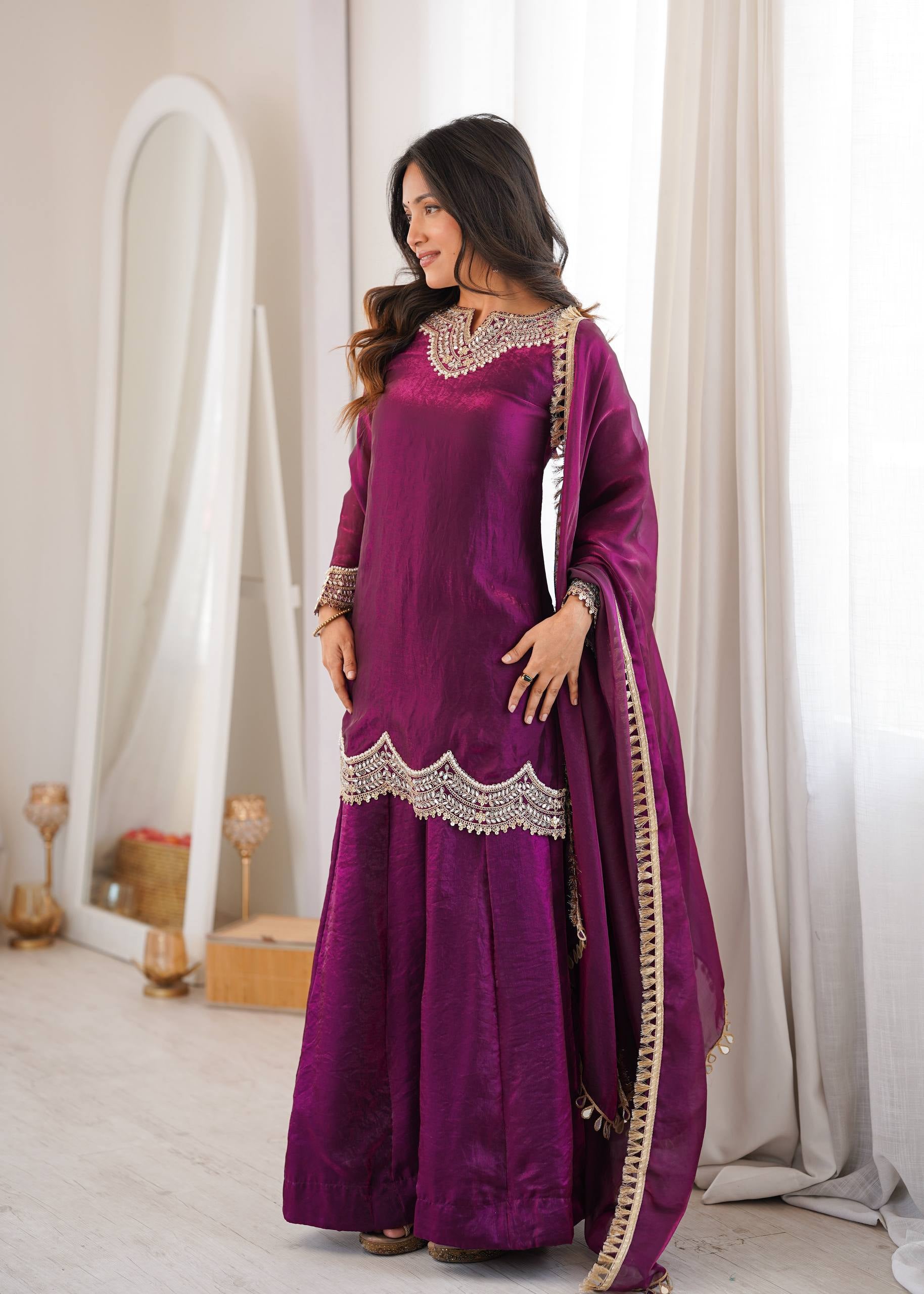 Womenline Wine Purple Embroidered Kurta Sharara Set with Organza Dupatta
