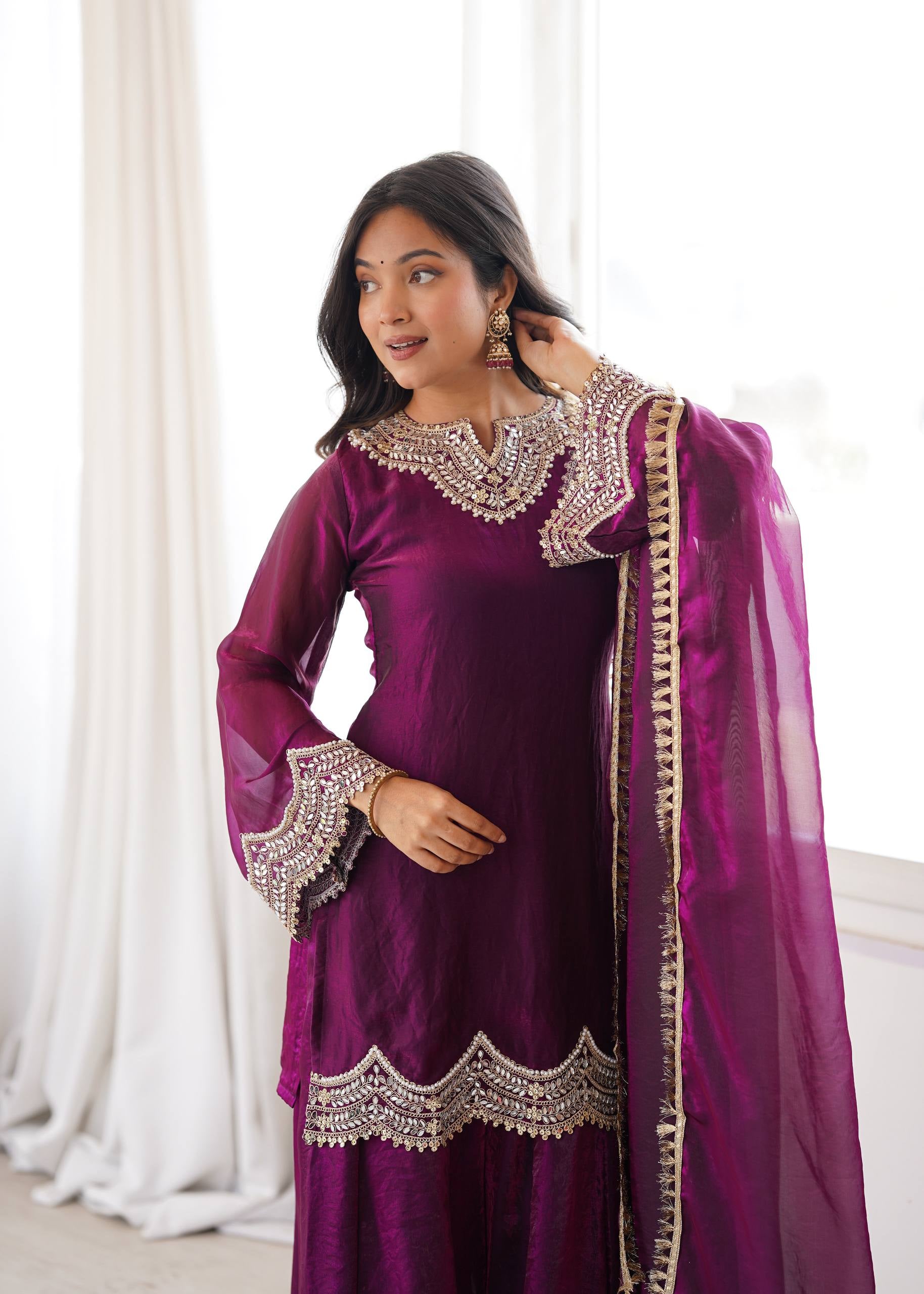 Womenline Wine Purple Embroidered Kurta Sharara Set with Organza Dupatta