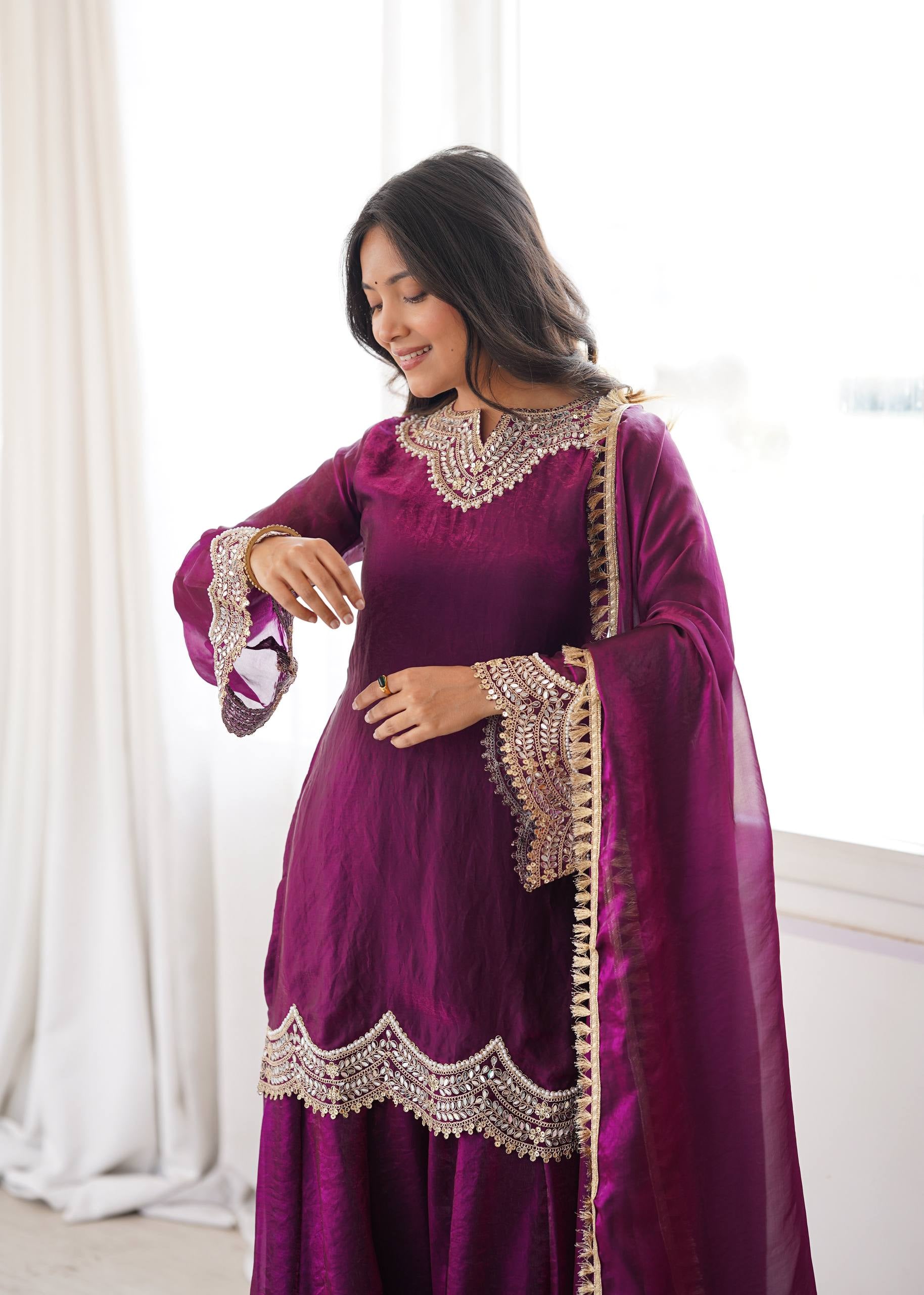 Womenline Wine Purple Embroidered Kurta Sharara Set with Organza Dupatta